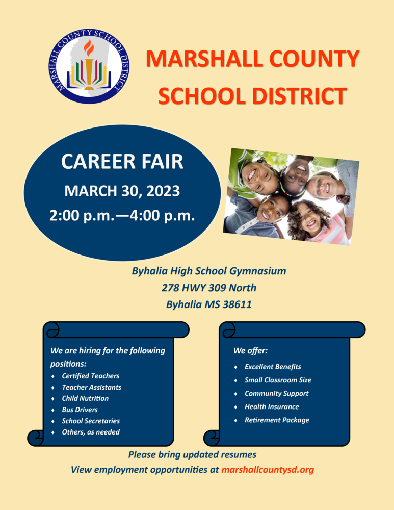 Flyer detailing MCSD Career Fair March 30, 2023 from 2-4 pm at Byhalia High School