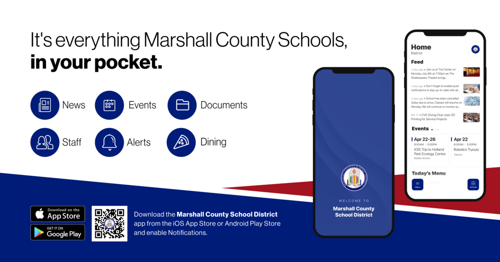 Image describing Marshall County Schools app and how to get it. 