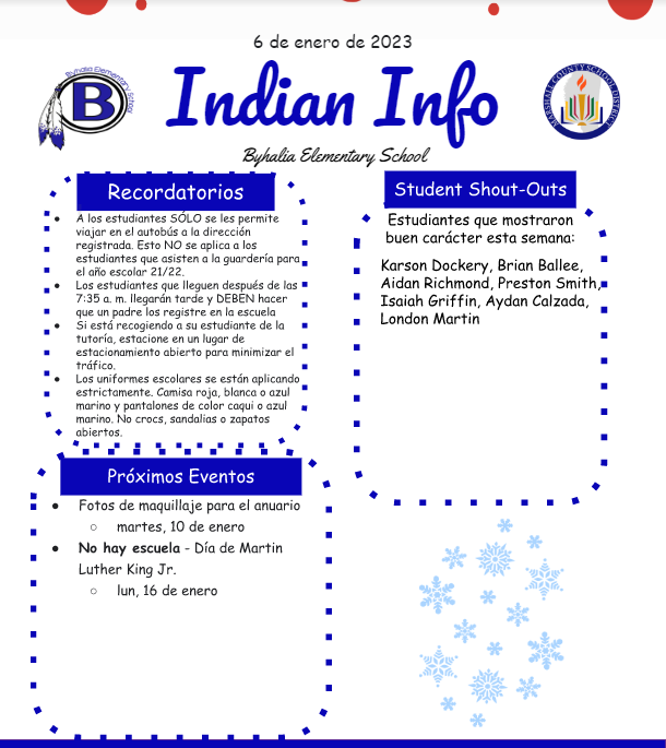 Indian Info listing student names and important dates (in Spanish)