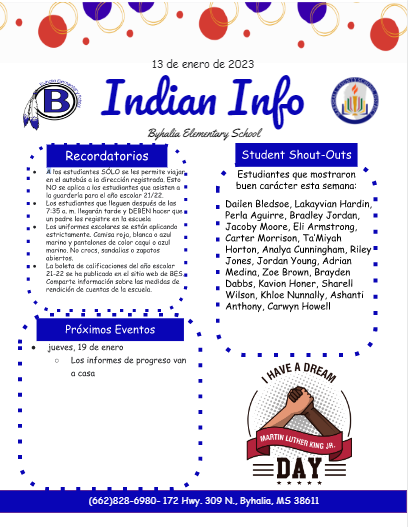 English Indian Info, que tiene nombres de estudiantes y fechas y anuncios importantes