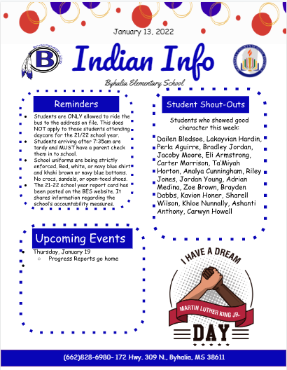 English Indian Info, which has student names and important dates and announcements