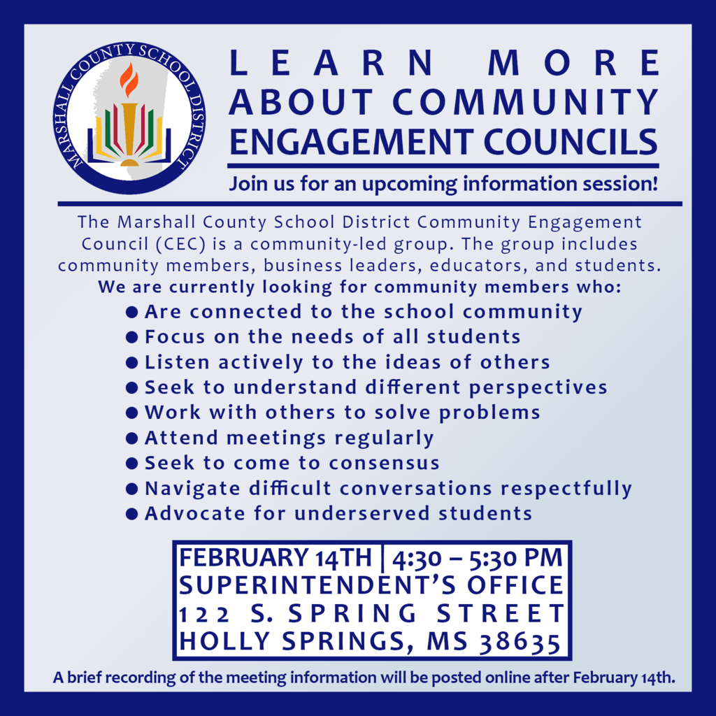Want to make a positive impact in the Marshall County School District community? Consider joining our Community Engagement Council (CEC), a group dedicated to supporting school improvement. Attend our informational session on February 14, 2023 from 4:30-5:30 p.m. at the Marshall County School District's Superintendent's Office to learn more about the CEC and how you can get involved.