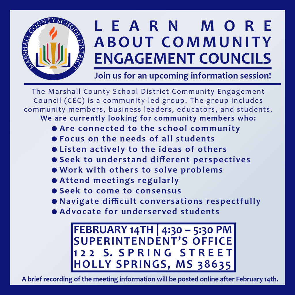 Want to make a positive impact in the Marshall County School District community? Consider joining our Community Engagement Council (CEC), a group dedicated to supporting school improvement. Attend our informational session on February 14, 2023 from 4:30-5:30 p.m. at the Marshall County School District's Superintendent's Office to learn more about the CEC and how you can get involved. 