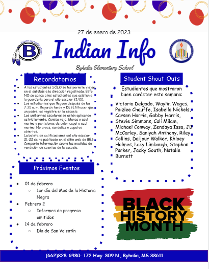 English Indian Info, que tiene nombres de estudiantes y fechas y anuncios importantes