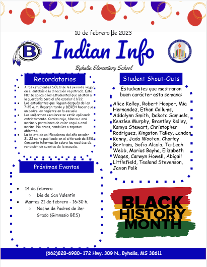 Spanish Indian Info with student names, important updates, and announcements