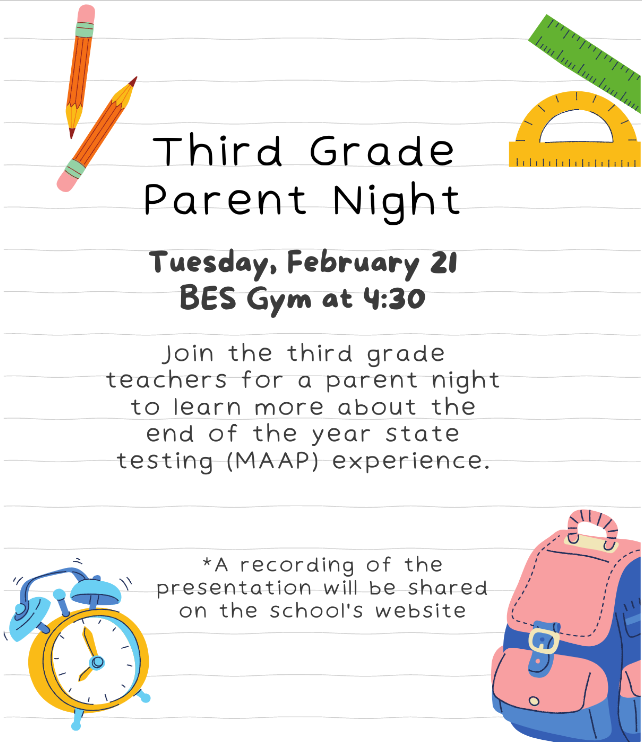 3rd Grade Parent Night Flyer (Feb. 21 @ 4:30 in the gym)