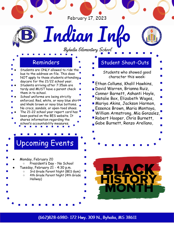 February 17th Indian info with student names, announcements, and important dates