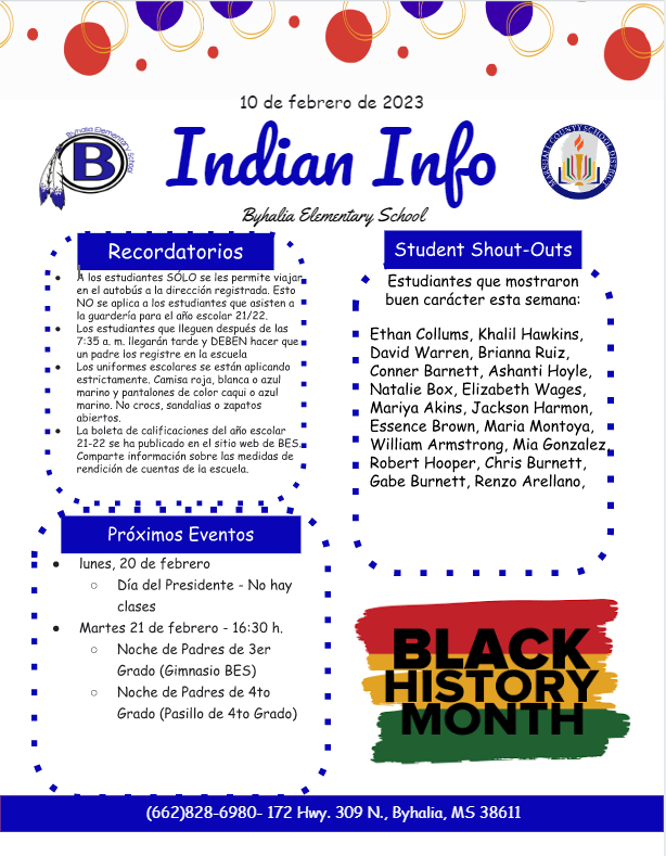 February 17th Indian info in Spanish with student names, announcements, and important dates
