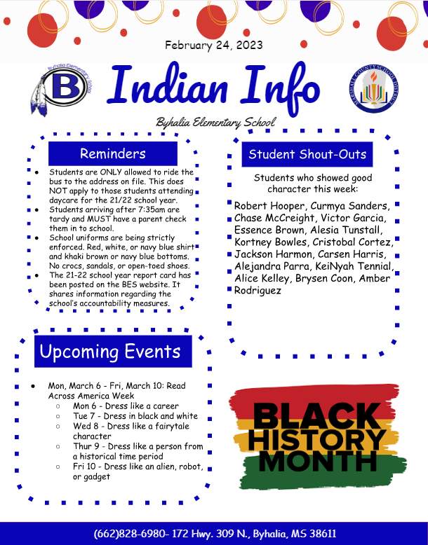 Indian Info with student names, important announcements, and upcoming events