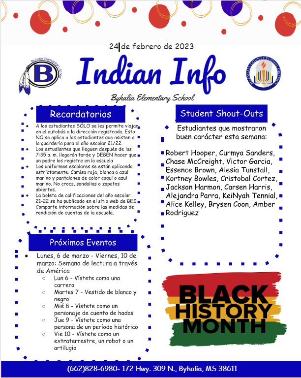 Indian Info (in Spanish) with student names, important announcements, and upcoming events