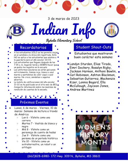 March indian info with student names and important dates and reminders