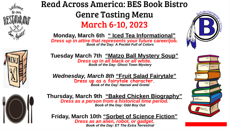 Read across America "menu" with days and what to wear and the respective activity