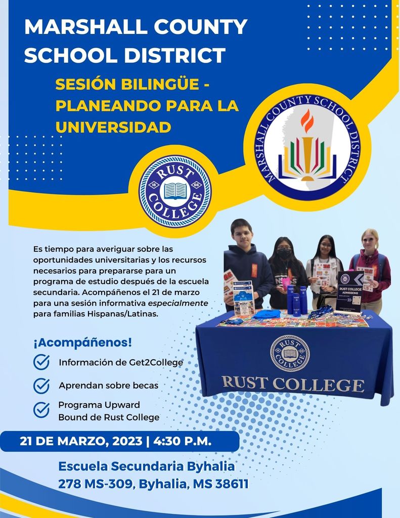 Spanish flyer announcing MCSD Bilingual Night March 21, 2023 @4:30 @Byhalia High School