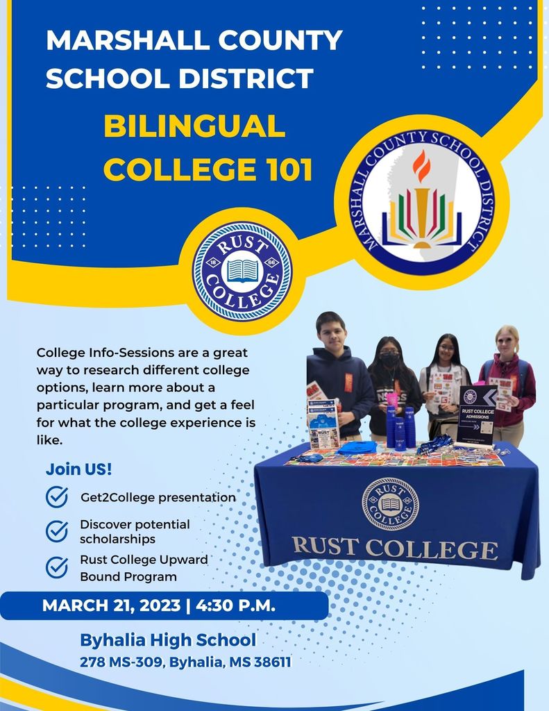 English flyer announcing MCSD Bilingual Night March 21, 2023 @4:30 @Byhalia High School
