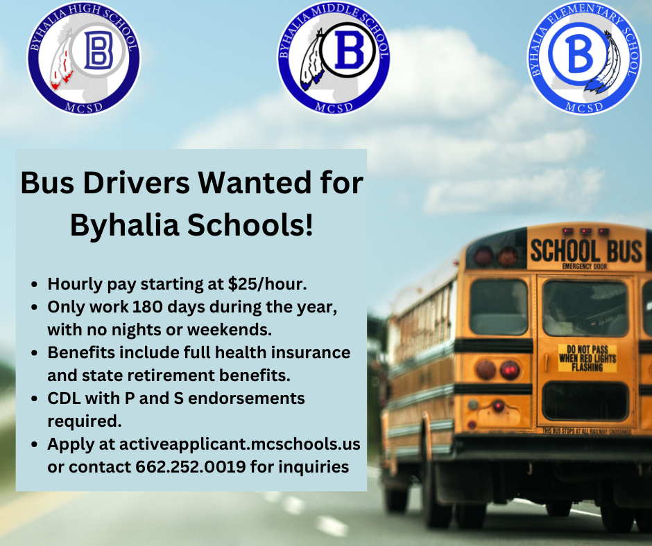 School Logos, School Bus, Bus Drivers Wanted for Byhalia Schools