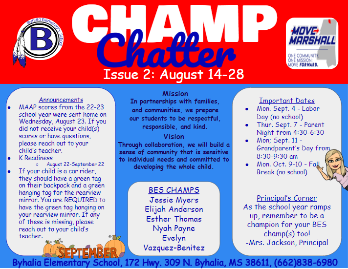 champ chatter with announcements, student names, and important dates in Spanish