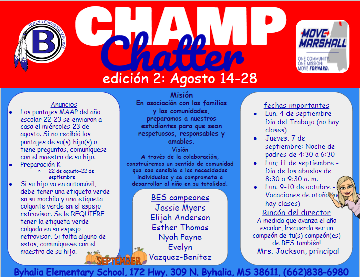 champ chatter with announcements, student names, and important dates in Spanish