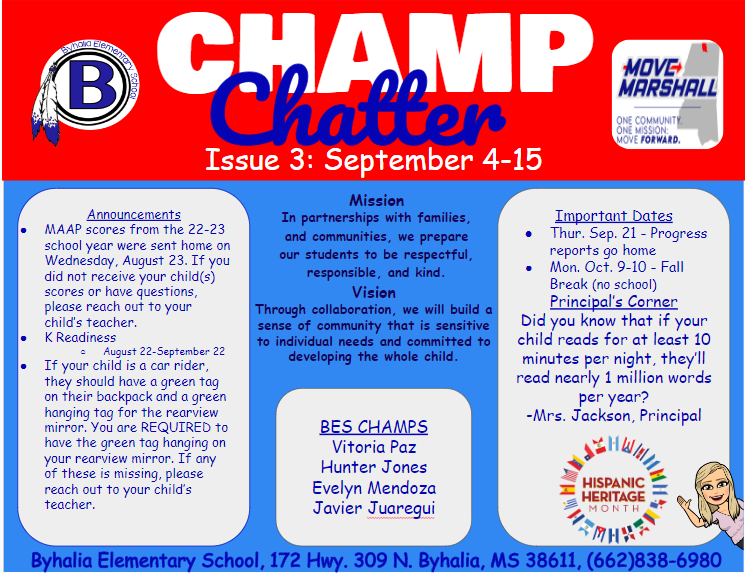 Champ chatter with announcements, student names, and important dates