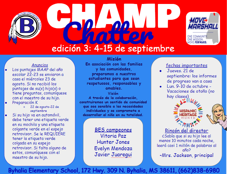 Champ chatter with announcements, student names, and important dates in Spanish